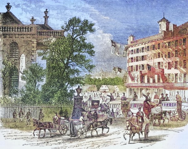 Broadway and St. Paul's New York in the 1870s, America, digital reproduction from American Pictures, drawn with pen and pencil, coloured, by Samuel Manning, published circa 1880, Historical