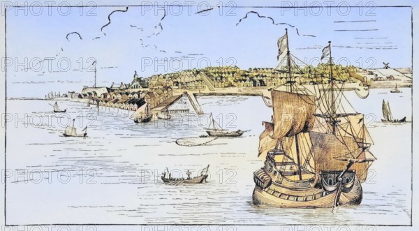New York in 1673, America, digital reproduction from American Pictures, drawn with pen and pencil, coloured, by Samuel Manning, published circa 1880, Historical