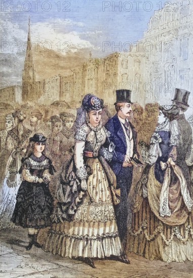 Crowds of people strolling along Fifth Avenue in New York in the 1870s, America, digital reproduction from American Pictures, drawn with pen and pencil, coloured, by Samuel Manning, published circa 1880, Historical