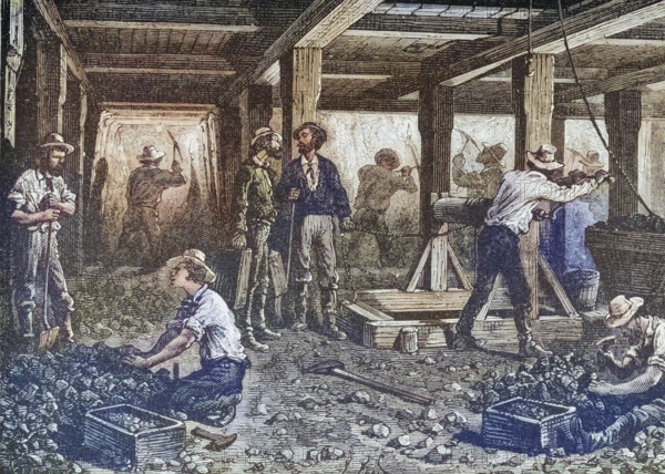 Silver mining in Nevada in the 1870s, America, digital reproduction from American Pictures, drawn with pen and pencil, coloured, by Samuel Manning, published circa 1880, Historical