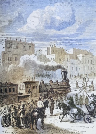 Street scene in San Francisco, California, c. 1870, America, digital reproduction from American Pictures, drawn with pen and pencil, coloured, by Samuel Manning, published c. 1880, Historical