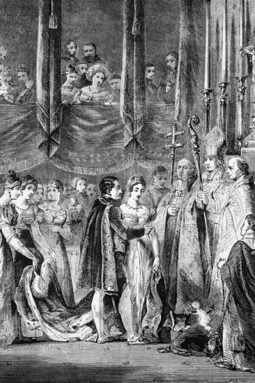 The wedding of Emperor Napoleon I to Marie Louise, the daughter of Francis I, Emperor of Austria, in February 1810 in the Salon Carre Chapel in the Louvre, Paris, France, digital reproduction of a historical original