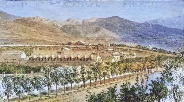 Residence of Brigham Young, Salt Lake City, Utah, in the 1870s, America, digital reproduction from American Pictures, drawn in pen and pencil, coloured, by Samuel Manning, published circa 1880, Historical