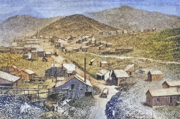 Silver City, Nevada, circa 1870, America, digital reproduction from American Pictures, drawn with pen and pencil, coloured, by Samuel Manning, published circa 1880, Historical