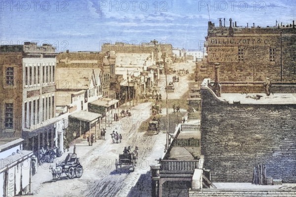 Street scene in Virginia City, Nevada, c. 1870, America, digital reproduction from American Pictures, drawn with pen and pencil, coloured, by Samuel Manning, published c. 1880, Historical
