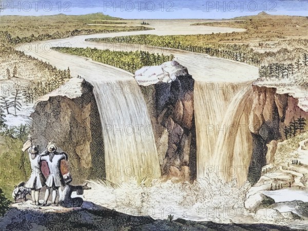 Copy of Father Hennepin's sketch of Niagara Falls from 1677, redrawn in the 1870s, America, digital reproduction from American Pictures, drawn in pen and pencil, coloured, by Samuel Manning, published circa 1880, Historical