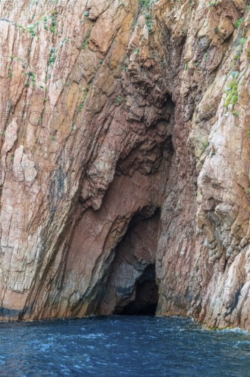 Rock formations and cave, Capo Rosso, Gulf of Porto, Corsica, Corsica, France