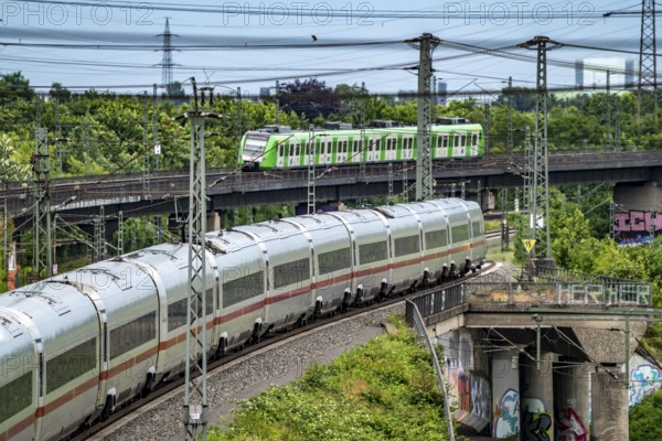 ICE 4 train, S-Bahn train, on the line between Bochum and Dortmund, near Dortmund-Marten, multi-track line for local and long-distance traffic, Dortmund, North Rhine-Westphalia, Germany