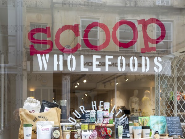 Scoop Wholefoods shop store window, Green Street, city of Bath, north east Somerset, England, UK