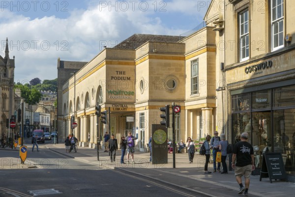 The Podium Waitrose supermarket and Central Library, city of Bath, north east Somerset, England, UK