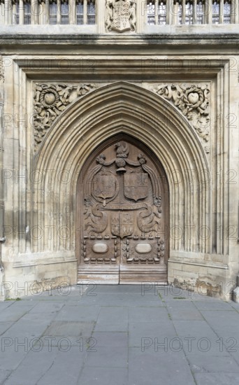 Main entrance doorway to Bath Abbey church, city of Bath, north east Somerset, England, UK