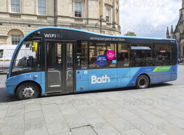 Local single decker First bus to Larkhall, High Street, city of Bath, north east Somerset, England, UK