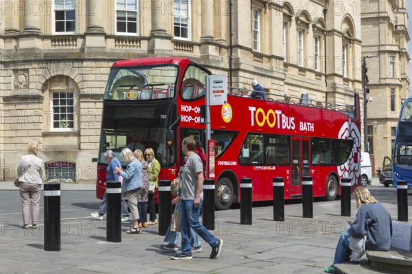 Tootbus Bath open top double-decker tour bus, High Street, city of Bath, north east Somerset, England, UK