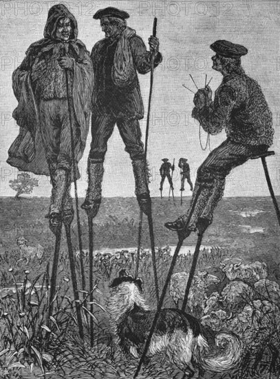 Shepherds on stilts, Landes district, around 1870, south-east France, digital reproduction of a historical model