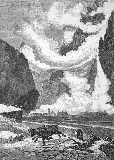 An avalanche in the Alps, around 1870, Switzerland, digital reproduction of a historical model