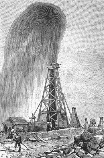Oil strike at an oil well in Baku, around 1870, Azerbaijan, digital reproduction of a historical original