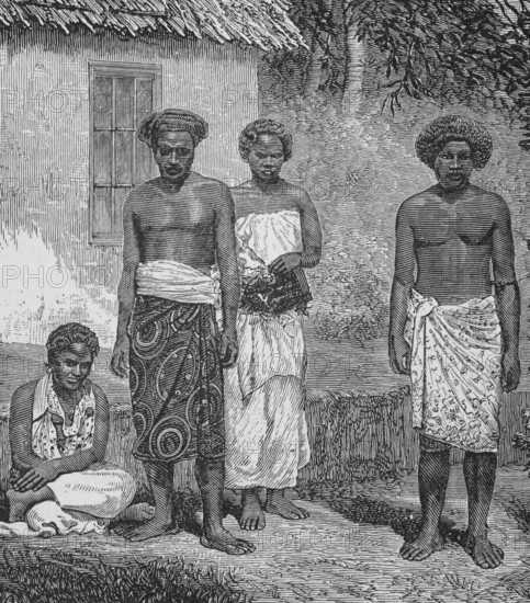 Native people on Tonga and Fuji, around 1870, islands in the Pacific Ocean, digital reproduction of a historical model