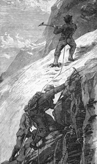 Mountaineer on a rock face, around 1870, Switzerland, digital reproduction of a historical model