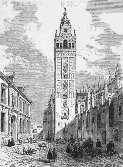 The Giralda and the cathedral, Seville, around 1870, Spain, digital reproduction of a historical model