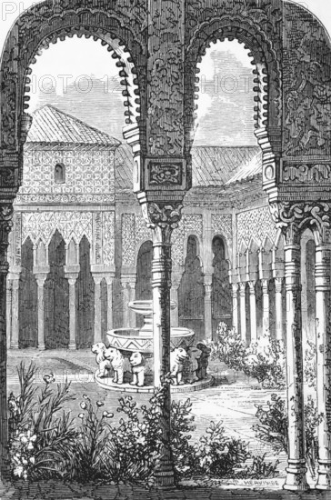 The Court of the Lions, Alhambra Palace, Granada, c. 1870, Spain, digital reproduction of a historical model