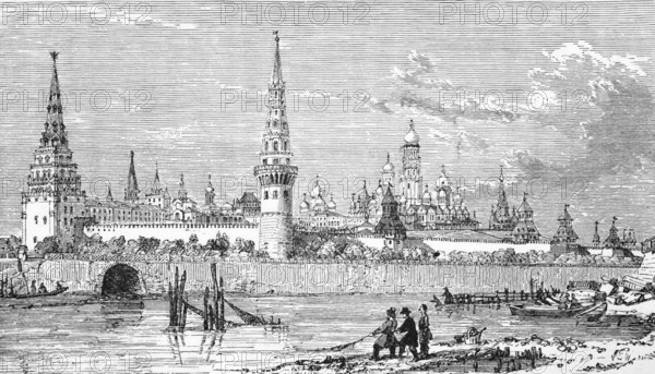 View of the Kremlin, across the Moskva River, c. 1870, Moscow, Russia, digital reproduction of a historical original
