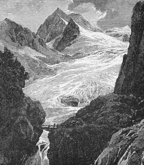 Distant hikers crossing a bridge, the Alps, around 1870, Switzerland, digital reproduction of a historical original