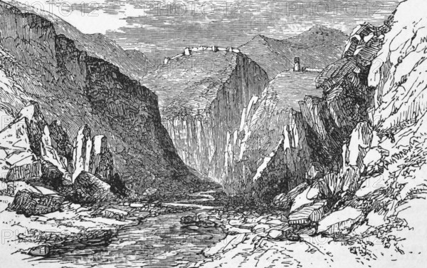 British fort, high above the Khyber Pass, c. 1870, India, digital reproduction of a historical model
