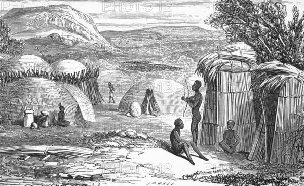 Native village or kraal, around 1870, South Africa, digital reproduction of a historical model