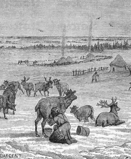 Herding reindeer, a village scene in Lapland, around 1870, Sweden, digital reproduction of a historical model