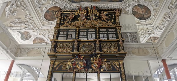 The Evangelical Lutheran St Laurentius Church in Thurnau, the lords' lodge in the west of the church, Kulmbach district, Upper Franconia, Bavaria, Germany