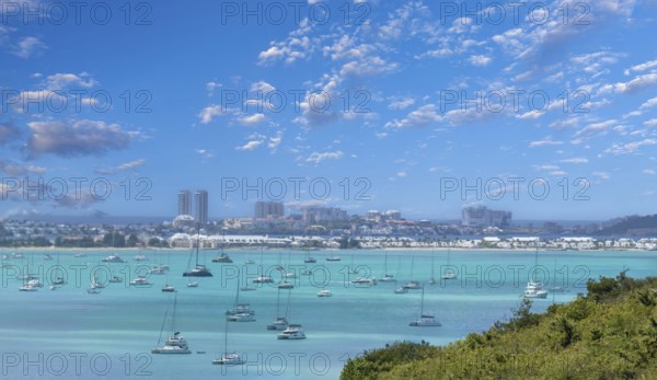 Caribbean cruise vacation, panoramic skyline of Saint Martin island from Pic Paradis lookout