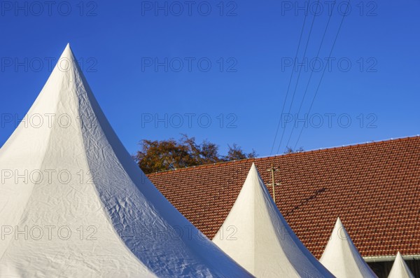 A row of pointed tents in front of a roof structure