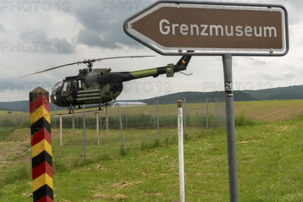 Schifflersgrund border museum memorial on the former border between the FRG and the GDR, information sign, military helicopter, border post, field, forest, Bad Sooden-Allendorf, Hesse, Asbach-Sickenberg Thuringia, Germany