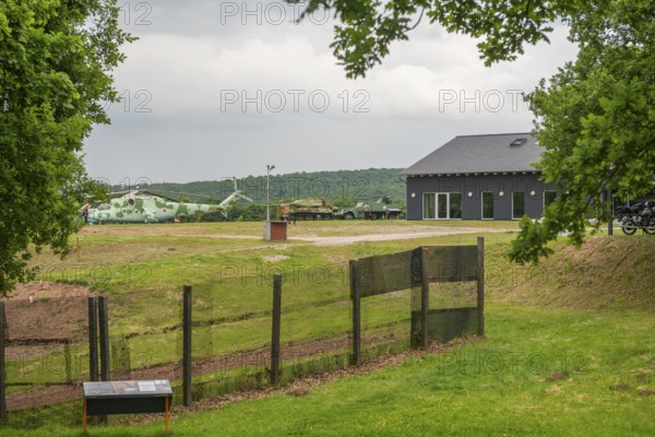 Schifflersgrund border museum memorial on the former border between the FRG and the GDR, meseum site with Soviet multi-purpose helicopter, type MIL MI 8, for surveillance flights and reconnaissance, tanks, border fence, building for exhibitions, Bad Sooden-Allendorf, Hesse, Asbach-Sickenberg Thuringia, Germany