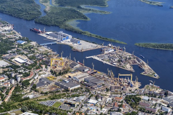 Szczecin, Pomerania, harbour, shipyard, Szczecin, Pomeranian Voivodeship, voivodeship, West Pomerania, Poland, Oder, river, aerial view, insolvent