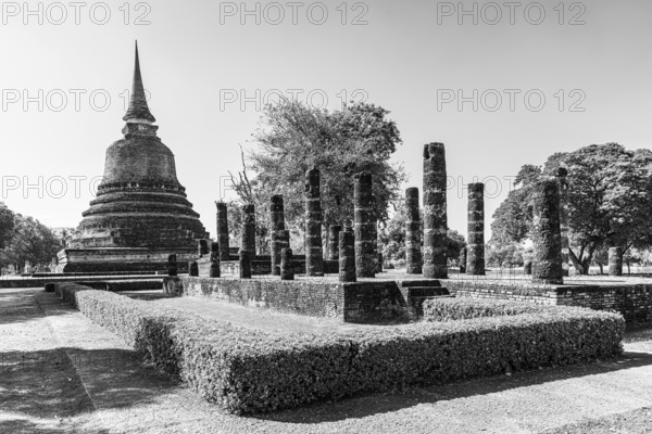 Historic temple tower, Prang, Buddhist temple complex, black and white photo, historical park, Sukhothai, Sukhothai province, Thailand