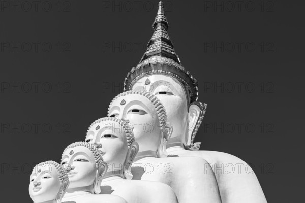 Five-headed Buddha statue, black and white photo, Wat Phra That Sorn Kaew Buddhist temple complex, Phetchabun province, Thailand