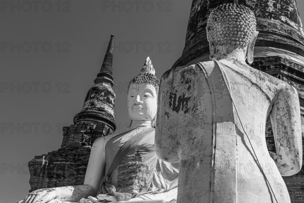 Stone Buddha statues, historic Buddhist temple complex, black and white photo, Ayutthaya, Thailand
