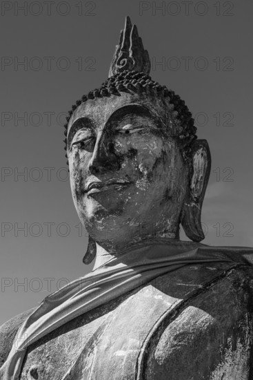 Stone Buddha statue, historic Buddhist temple complex, black and white photo, Ayutthaya, Thailand