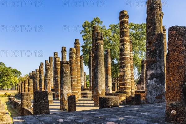 Columns in the historic Wat Mahathat Buddhist temple complex, Sukhothai, Sukhothai province, Thailand