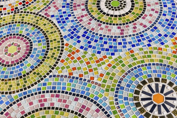 Floor covering decorated with small, colorful stone tiles, Buddhist temple complex Wat Phra That Sorn Kaew, Phetchabun province, Thailand