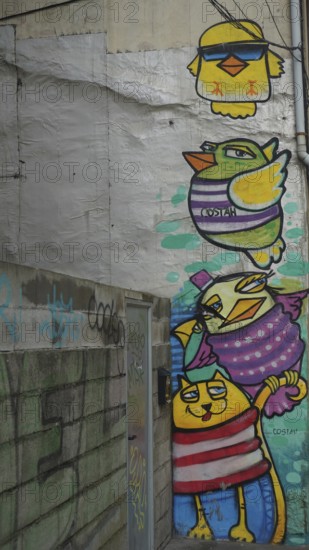 Graffiti with colorful cartoon birds on a wall, Porto, Portugal