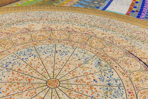 A floor area decorated with colorful mosaic tiles, Buddhist temple complex Wat Phra That Sorn Kaew, Phetchabun province, Thailand