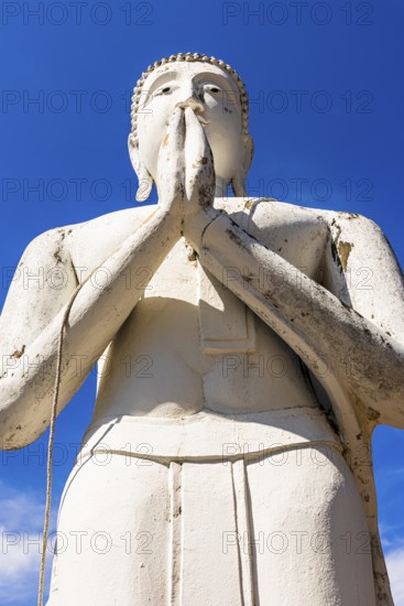 Stone praying white Buddha statue, historic Buddhist temple complex, Ayutthaya, Thailand