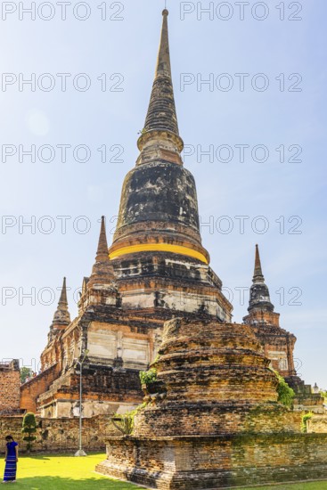 Prang high temple tower, historic Buddhist temple complex, Ayutthaya, Thailand