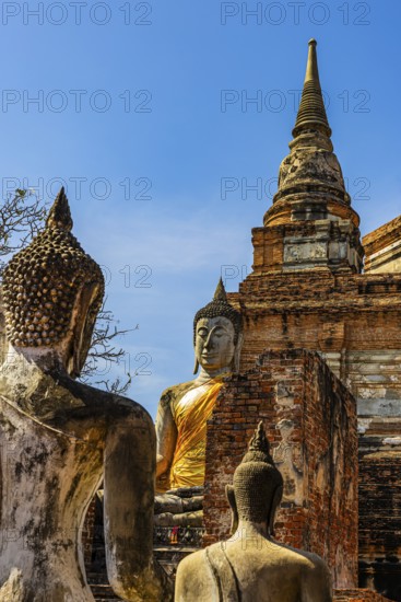 Stone Buddha statues, a high temple tower in the back, Prang, historic Buddhist temple complex, Ayutthaya, Thailand