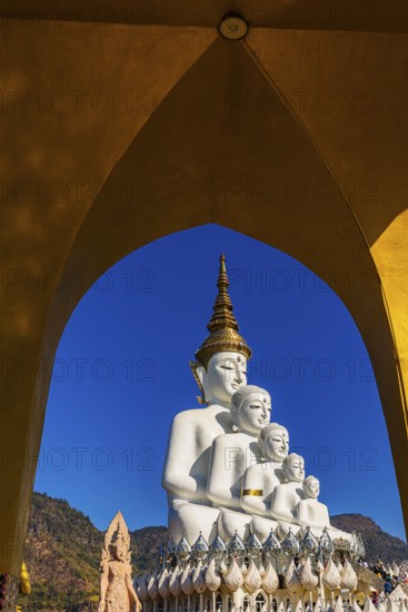 Round arch pavilion, the five-headed Buddha statue at the back, Wat Phra That Sorn Kaew Buddhist temple complex, Phetchabun province, Thailand
