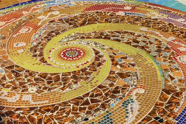 A floor area decorated with colorful mosaic tiles, Buddhist temple complex Wat Phra That Sorn Kaew, Phetchabun province, Thailand