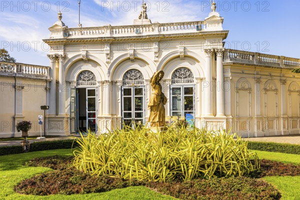 Stone female figure in front of the visitor center, Thai King's Summer Palace, Bang Pa-In, near Ayutthaya, Thailand