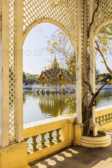 Garden pavilion, open gilded pavilion at the back, Buddhist temple complex, Thai King's Summer Palace, Bang Pa-In, near Ayutthaya, Thailand